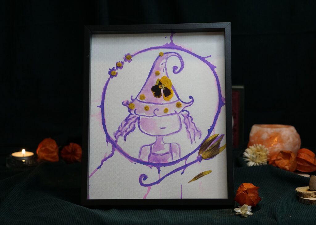 Tableau herbier fleurs séchées univers fantastique sorcière décoration intérieure fait main