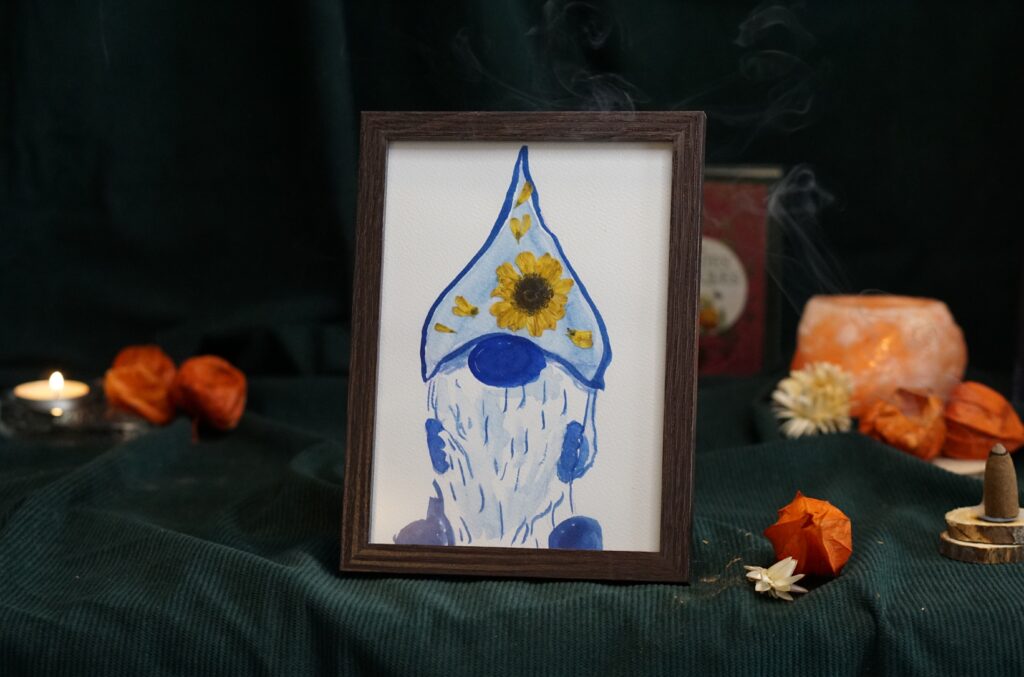 Tableau herbier fleurs séchées univers fantastique gnome décoration intérieure fait main