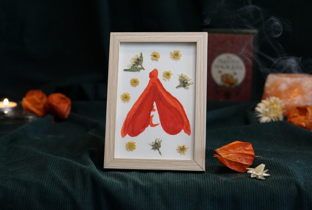 Tableau herbier fleurs séchées pouvoir féminin sacré fait main