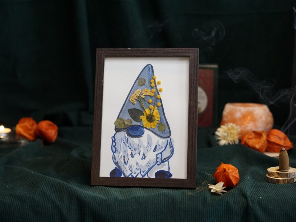 Tableau herbier fleurs séchées univers fantastique gnome décoration intérieure fait main