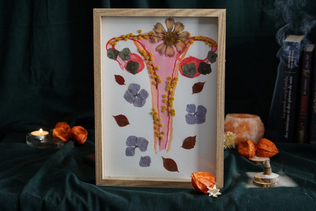Tableau herbier fleurs séchées pouvoir féminin sacré fait main