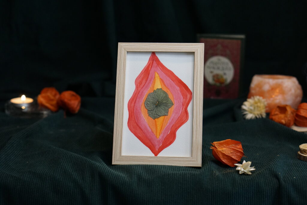 Tableau herbier fleurs séchées pouvoir féminin sacré fait main